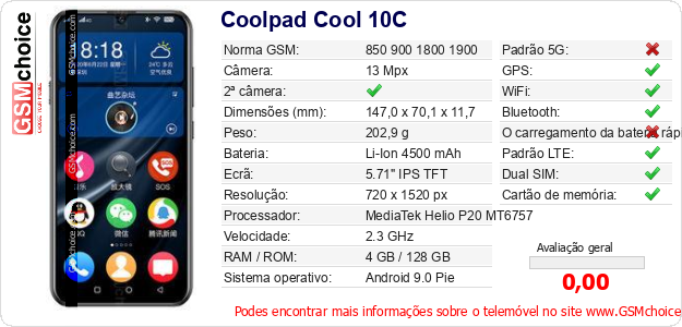 Coolpad Cool 10C Especificações técnicas do telemóvel Coolpad Cool 10C Especificações técnicas do telemóvel