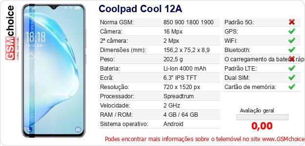 Coolpad Cool 12A Especificações técnicas do telemóvel Coolpad Cool 12A Especificações técnicas do telemóvel