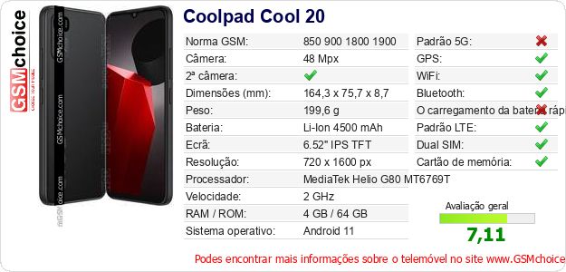 Coolpad Cool 20 Especificações técnicas do telemóvel Coolpad Cool 20 Especificações técnicas do telemóvel
