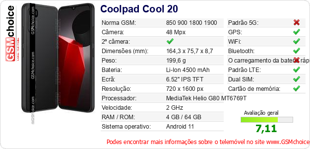 Coolpad Cool 20 Especificações técnicas do telemóvel Coolpad Cool 20 Especificações técnicas do telemóvel