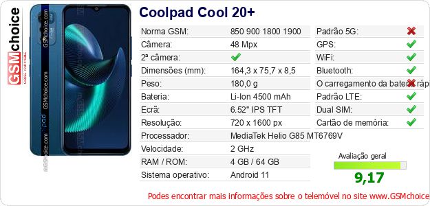 Coolpad Cool 20+ Especificações técnicas do telemóvel Coolpad Cool 20+ Especificações técnicas do telemóvel