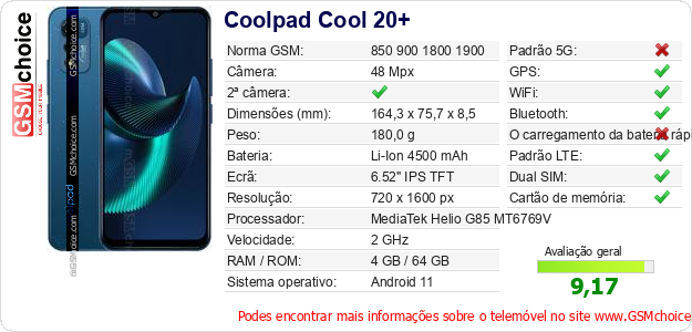 Coolpad Cool 20+ Especificações técnicas do telemóvel Coolpad Cool 20+ Especificações técnicas do telemóvel