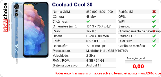 Coolpad Cool 30 Especificações técnicas do telemóvel Coolpad Cool 30 Especificações técnicas do telemóvel