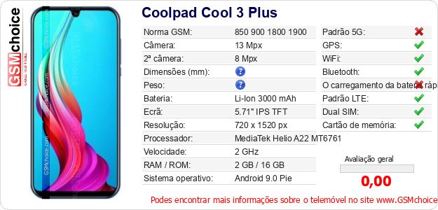 Coolpad Cool 3 Plus Especificações técnicas do telemóvel Coolpad Cool 3 Plus Especificações técnicas do telemóvel