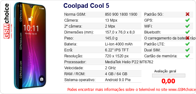 Coolpad Cool 5 Especificações técnicas do telemóvel Coolpad Cool 5 Especificações técnicas do telemóvel