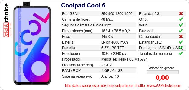 Coolpad Cool 6 Datos técnicos del móvil Coolpad Cool 6 Datos técnicos del móvil