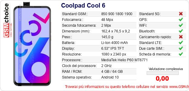 Coolpad Cool 6 Dati tecnici di telefono cellulare Coolpad Cool 6 Dati tecnici di telefono cellulare