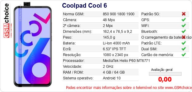 Coolpad Cool 6 Especificações técnicas do telemóvel Coolpad Cool 6 Especificações técnicas do telemóvel