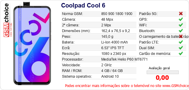 Coolpad Cool 6 Especificações técnicas do telemóvel Coolpad Cool 6 Especificações técnicas do telemóvel
