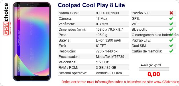Coolpad Cool Play 8 Lite Especificações técnicas do telemóvel Coolpad Cool Play 8 Lite Especificações técnicas do telemóvel
