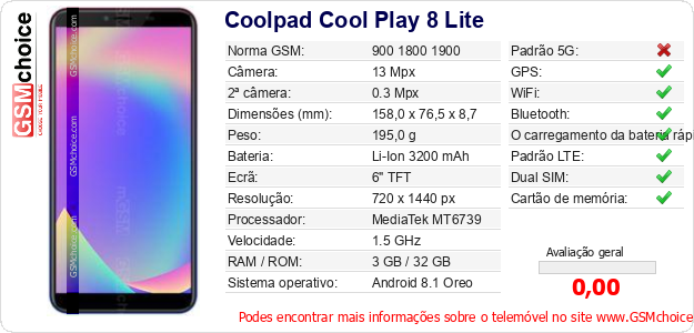Coolpad Cool Play 8 Lite Especificações técnicas do telemóvel Coolpad Cool Play 8 Lite Especificações técnicas do telemóvel