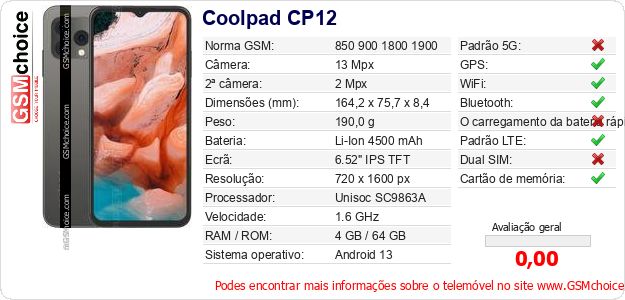 Coolpad CP12 Especificações técnicas do telemóvel Coolpad CP12 Especificações técnicas do telemóvel