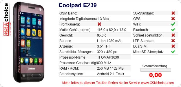 Coolpad E239 technische Daten Coolpad E239 technische Daten