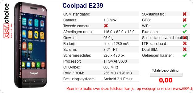 Coolpad E239 Technische gegevens Coolpad E239 Technische gegevens