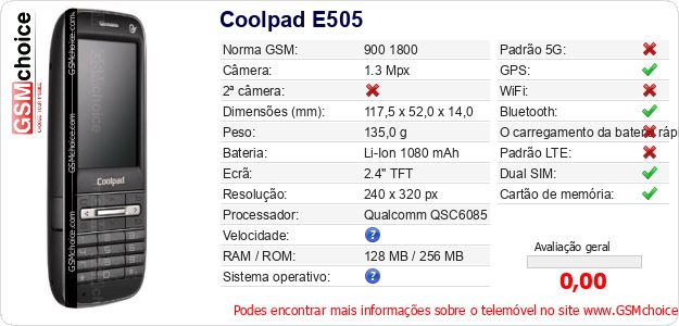 Coolpad E505 Especificações técnicas do telemóvel Coolpad E505 Especificações técnicas do telemóvel