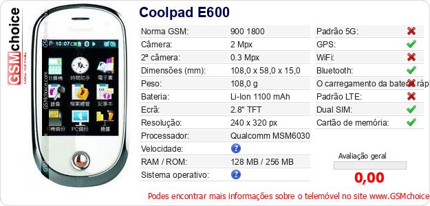 Coolpad E600 Especificações técnicas do telemóvel Coolpad E600 Especificações técnicas do telemóvel