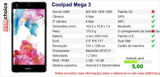 Coolpad Mega 3 Especificações técnicas do telemóvel Coolpad Mega 3 Especificações técnicas do telemóvel