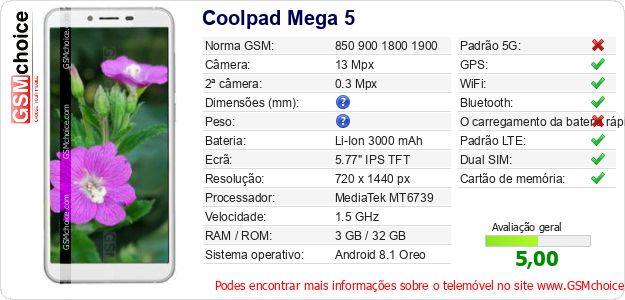 Coolpad Mega 5 Especificações técnicas do telemóvel Coolpad Mega 5 Especificações técnicas do telemóvel