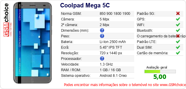 Coolpad Mega 5C Especificações técnicas do telemóvel Coolpad Mega 5C Especificações técnicas do telemóvel