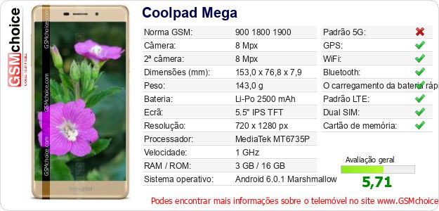 Coolpad Mega Especificações técnicas do telemóvel 