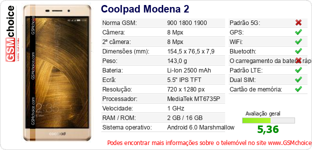 Coolpad Modena 2 Especificações técnicas do telemóvel Coolpad Modena 2 Especificações técnicas do telemóvel