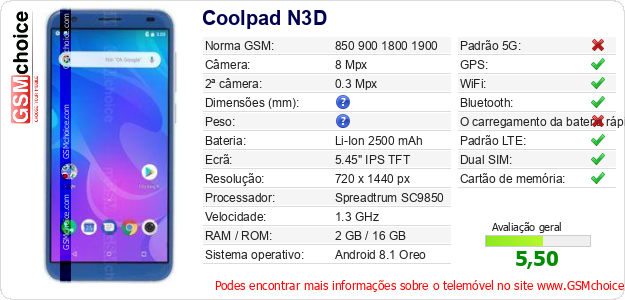Coolpad N3D Especificações técnicas do telemóvel Coolpad N3D Especificações técnicas do telemóvel
