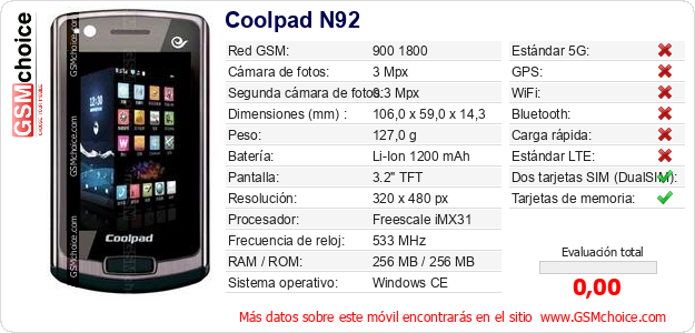 Coolpad N92 Datos técnicos del móvil Coolpad N92 Datos técnicos del móvil