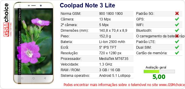 Coolpad Note 3 Lite Especificações técnicas do telemóvel Coolpad Note 3 Lite Especificações técnicas do telemóvel