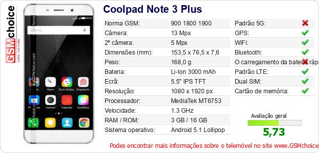 Coolpad Note 3 Plus Especificações técnicas do telemóvel Coolpad Note 3 Plus Especificações técnicas do telemóvel