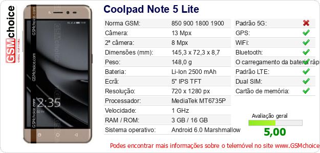 Coolpad Note 5 Lite Especificações técnicas do telemóvel Coolpad Note 5 Lite Especificações técnicas do telemóvel