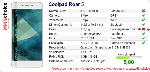 Coolpad Roar 5 Especificações técnicas do telemóvel Coolpad Roar 5 Especificações técnicas do telemóvel