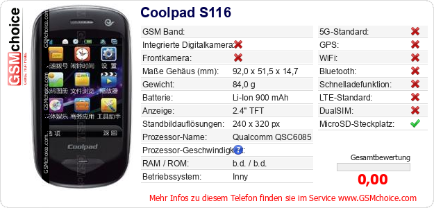 Coolpad S116 technische Daten Coolpad S116 technische Daten