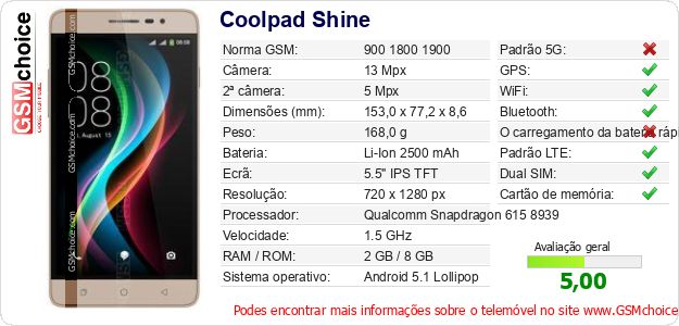 Coolpad Shine Especificações técnicas do telemóvel Coolpad Shine Especificações técnicas do telemóvel