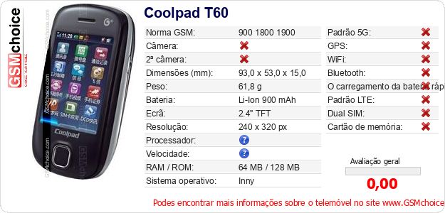 Coolpad T60 Especificações técnicas do telemóvel Coolpad T60 Especificações técnicas do telemóvel