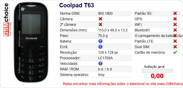 Coolpad T63 Especificações técnicas do telemóvel Coolpad T63 Especificações técnicas do telemóvel