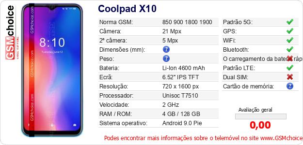 Coolpad X10 Especificações técnicas do telemóvel Coolpad X10 Especificações técnicas do telemóvel