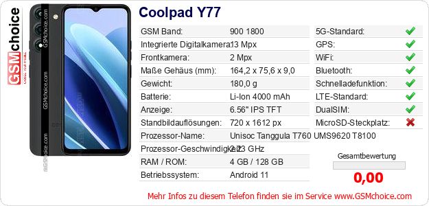 Coolpad Y77 technische Daten Coolpad Y77 technische Daten