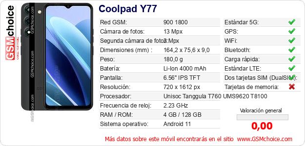 Coolpad Y77 Datos técnicos del móvil Coolpad Y77 Datos técnicos del móvil