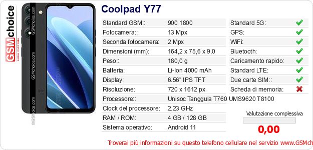 Coolpad Y77 Dati tecnici di telefono cellulare Coolpad Y77 Dati tecnici di telefono cellulare