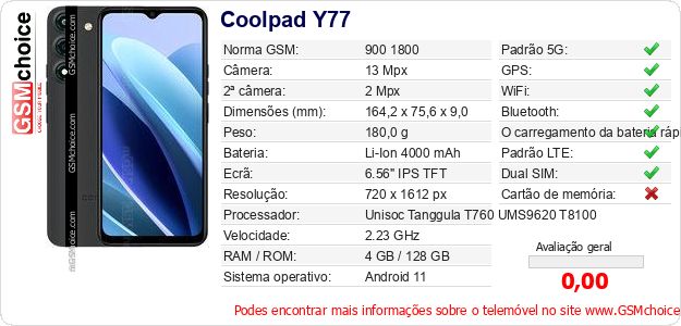 Coolpad Y77 Especificações técnicas do telemóvel 