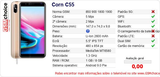 Corn C55 Especificações técnicas do telemóvel 