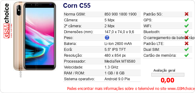 Corn C55 Especificações técnicas do telemóvel 