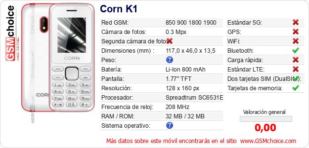 Corn K1 Datos técnicos del móvil Corn K1 Datos técnicos del móvil