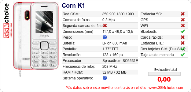 Corn K1 Datos técnicos del móvil 