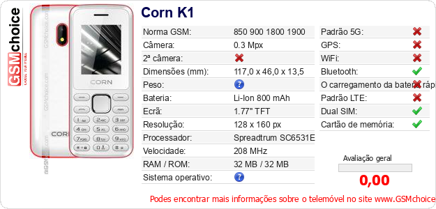 Corn K1 Especificações técnicas do telemóvel Corn K1 Especificações técnicas do telemóvel