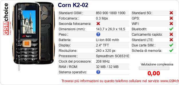 Corn K2-02 Dati tecnici di telefono cellulare Corn K2-02 Dati tecnici di telefono cellulare