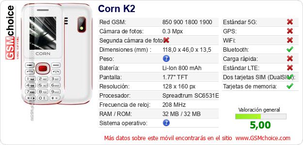Corn K2 Datos técnicos del móvil Corn K2 Datos técnicos del móvil