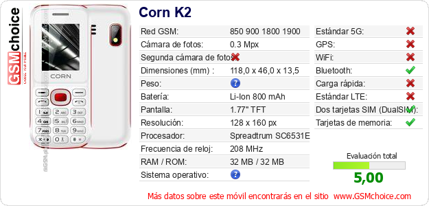Corn K2 Datos técnicos del móvil 