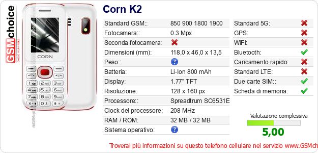 Corn K2 Dati tecnici di telefono cellulare Corn K2 Dati tecnici di telefono cellulare