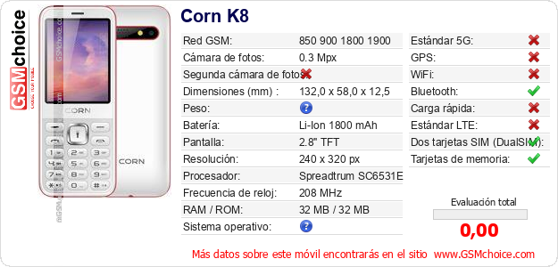 Corn K8 Datos técnicos del móvil 